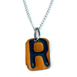 Letter R Orange and Blue New York license plate cut out Initial Pendant Necklace